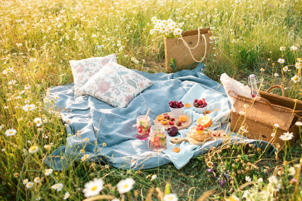 A picnic in a flower field with fruits, lemonade, and dessert.  (Shutterstock)