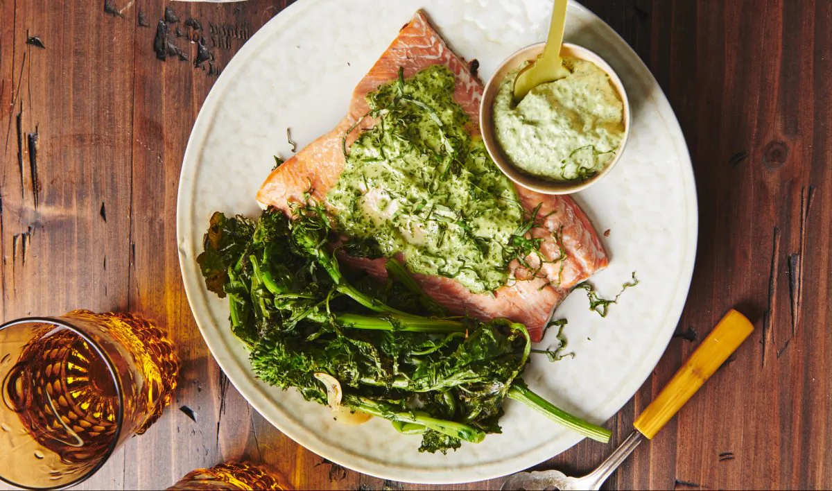 An herbed mayo speckled with bright green pairs beautifully with lush, pink salmon. (Cheyenne Cohen)