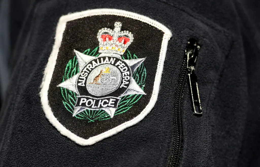 The Australian Federal Police logo is seen in Canberra, Australia, on June 6, 2019. (Getty Images)