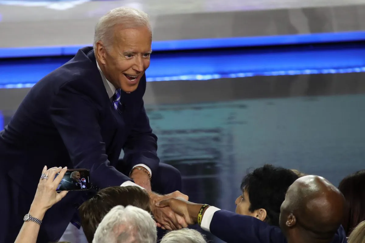Democratic presidential candidate former Vice President Joe Biden greets members of the audience after the second night of the first Democratic presidential debate in Miami, Florida, on June 27, 2019. (Drew Angerer/Getty Images)
