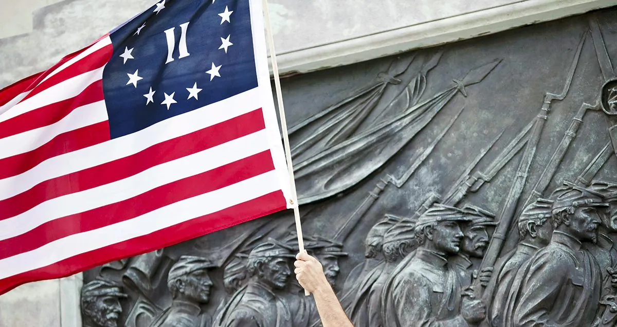 A Betsy Ross American flag waves at a Tea Party Express rally in Washington, on Sept. 12, 2009. (Brendan Smialowski/Getty Images)