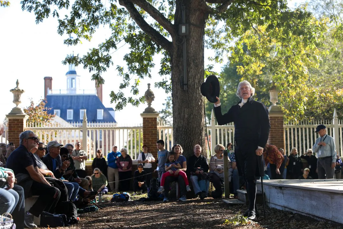 Actor Bill Barker, one of the nation's foremost interpreters of Thomas Jefferson, speaks at the Governor's Palace, Colonial Williamsburg, Virginia. (Samira Bouaou/The Epoch Times)