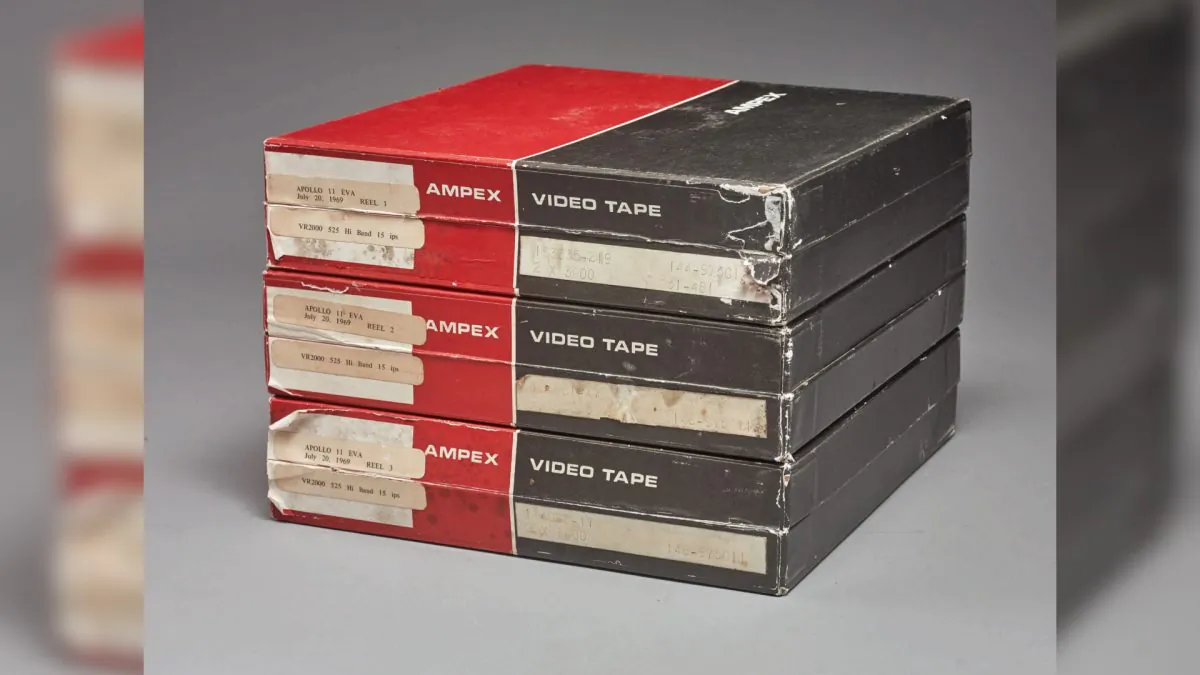 Three videotapes bought by a NASA intern in 1976, which according to Sotheby's is said to be the only surviving original Apollo 11 recording of man's first steps on the moon, are shown in this handout photo taken on June 14, 2019, and obtained by Reuters on June 27, 2019. (Sotheby's/Handout via Reuters)