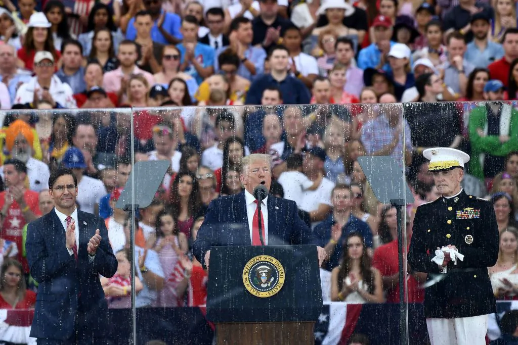 President Donald Trump speaks alongside acting Defense Secretary Mark Esper (L) and the Chairman of The Joint Chiefs of Staff Joseph Dunford during the "Salute to America" Fourth of July event at the Lincoln Memorial in Washington, on July 4, 2019. (Brendan Smialowski/AFP)