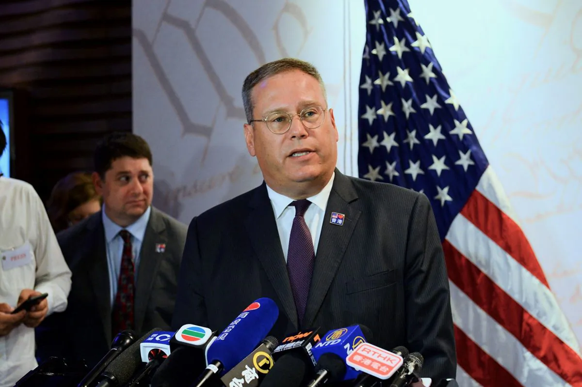 Outgoing U.S. Consul General to Hong Kong and Macau, Kurt Tong, speaks for a U.S. Independence Day event at the Hong Kong Ocean Park Marriott Hotel on July 2, 2019. (Song Bilong/The Epoch Times)