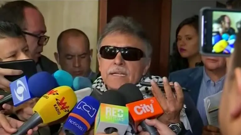 Former FARC commander Seuxis Paucias Hernandez, talks to reporters in Bogota, Colombia, on June 11, 2019. (Reuters)