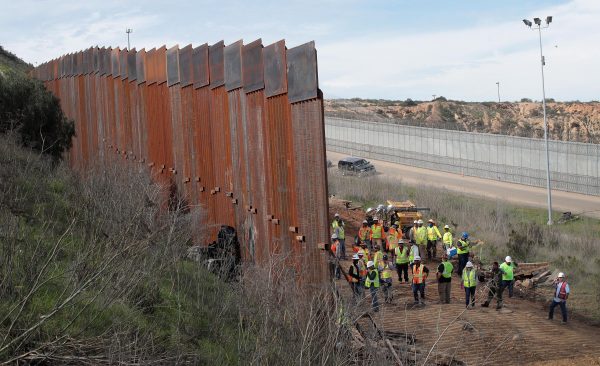 A section of border wall is constructed on the U.S. side of the border in Tijuana