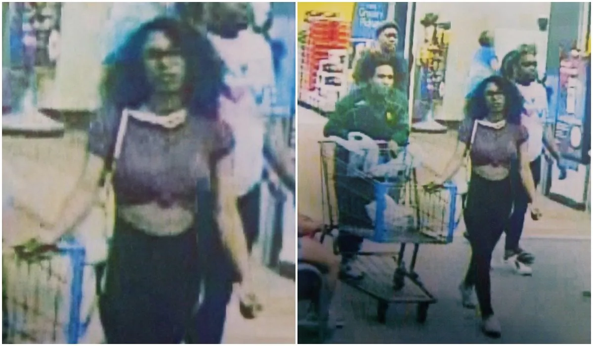 Stills from security footage in a Lufkin Walmart store showing the woman who detectives believe licked an ice cream tub before returning it, in a viral video. (Lufkin Police)