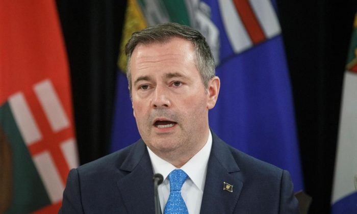 Premier of Alberta Jason Kenney speaks to media during the Western Premiers' conference, in Edmonton on June 27, 2019. (Jason Franson/The Canadian Press)