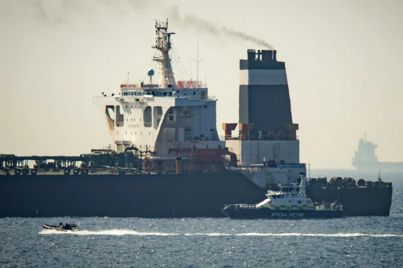 Royal Marine patrol vessel is seen beside the Grace 1 super tanker in the British territory of Gibraltar on July 4, 2019. (Marcos Moreno/AP Photo)