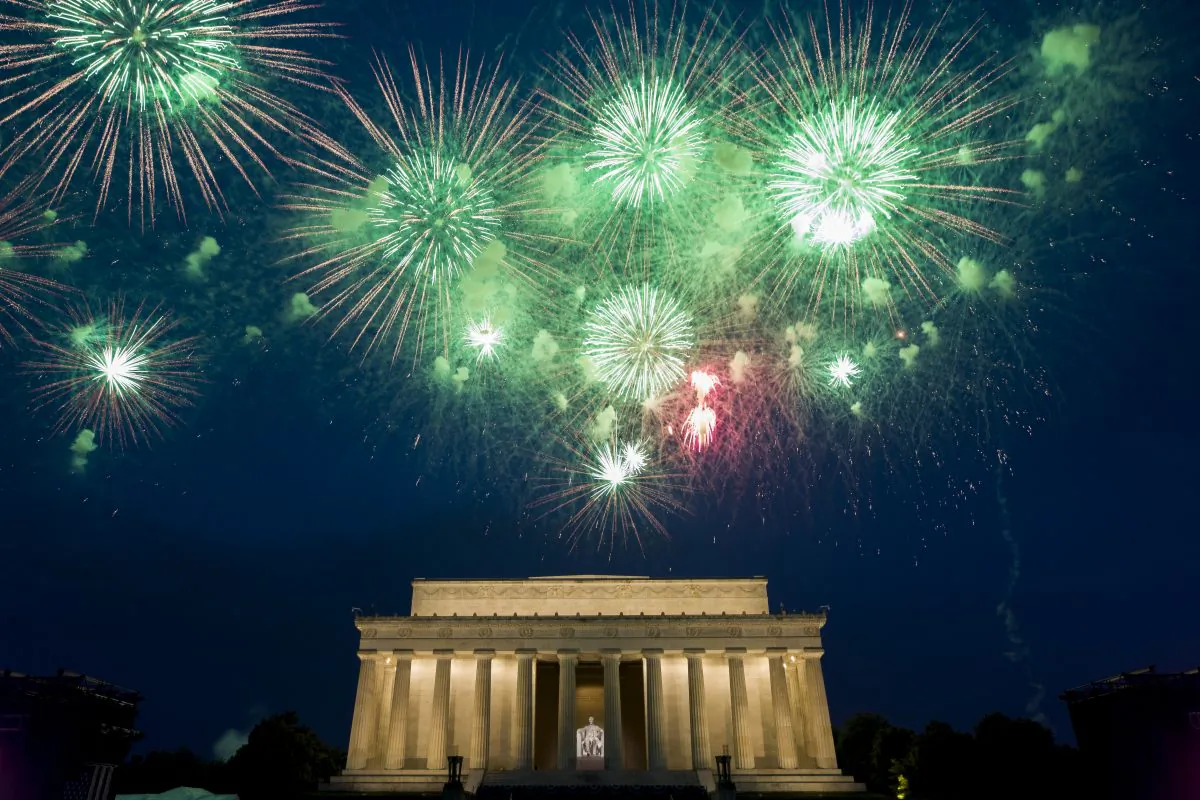 Fireworks light the sky near the Lincoln Memorial, in Washington on July 4, 2019. (AP Photo/Alex Brandon)