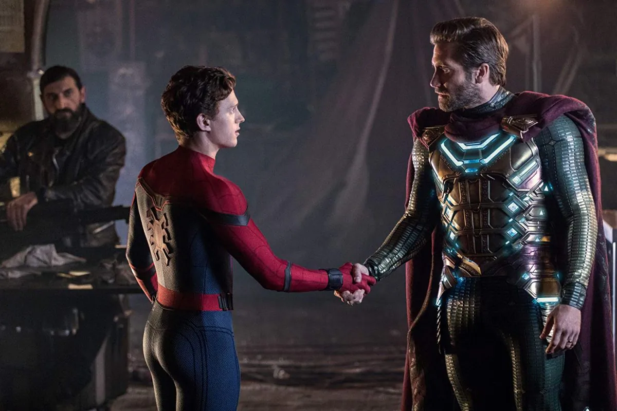 Tom Holland (L) and Jake Gyllenhaal in Columbia Pictures’ “Spider-Man: Far From Home.” (Sony Pictures)