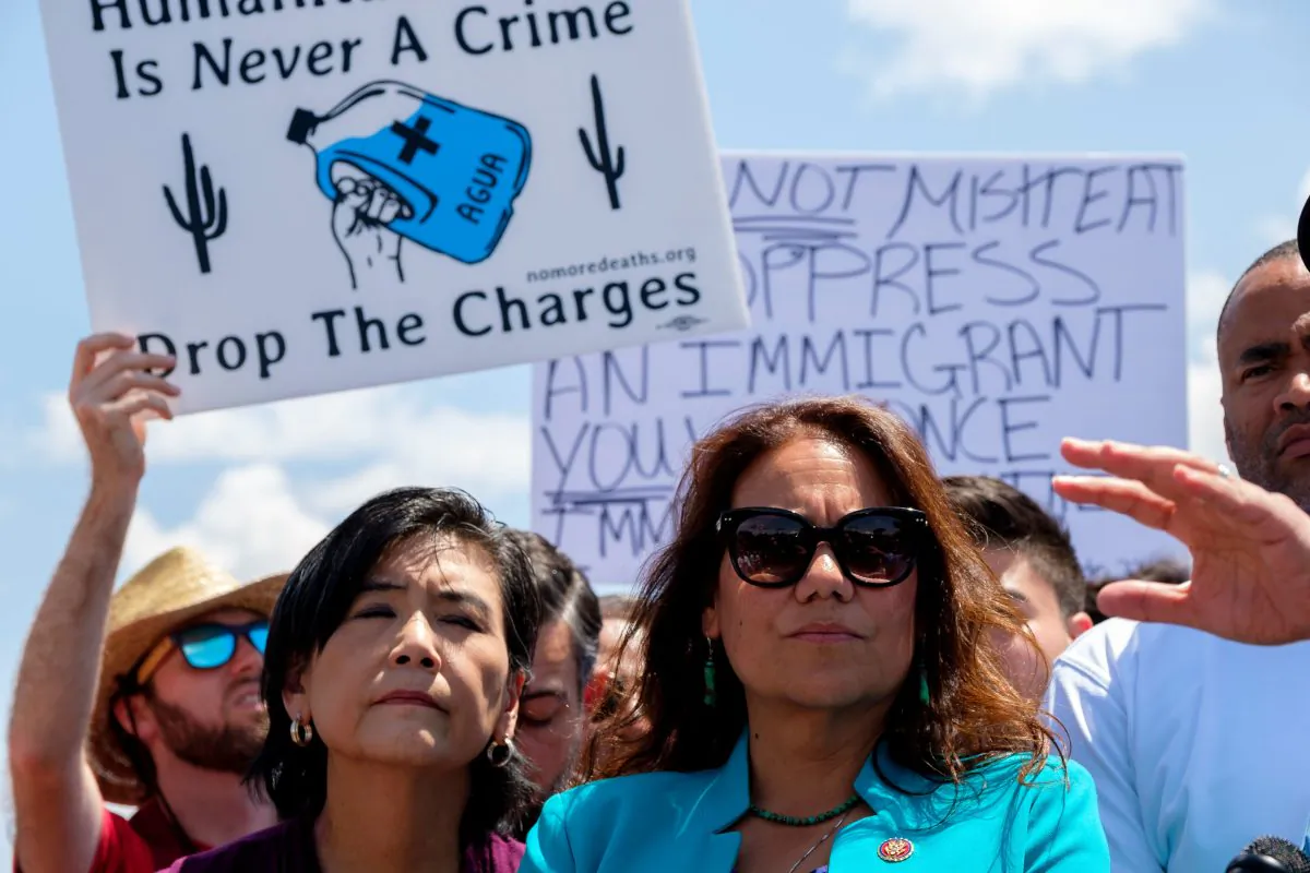 Rep. Veronica Escobar (R) at a press conference after lawmakers toured Border Patrol facilities in Clint, Texas, on July 1, 2019. (Luke Montavon/AFP/Getty Images)