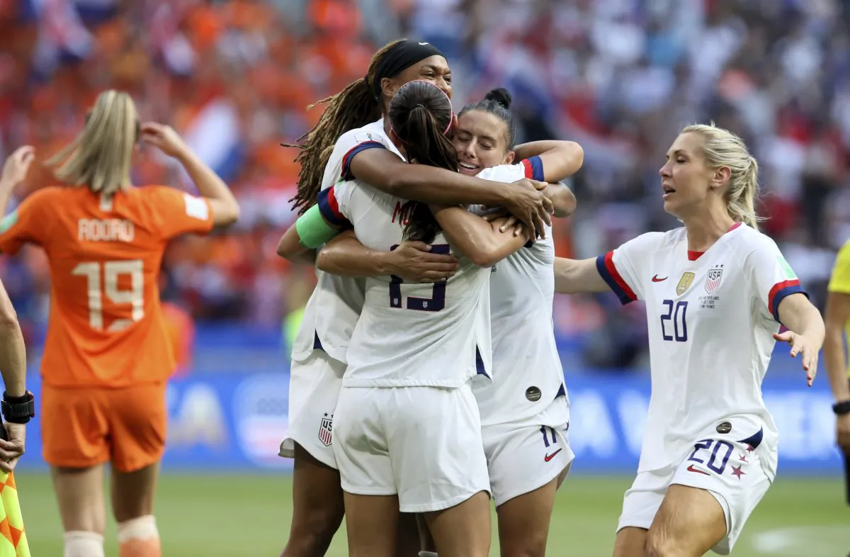 U.S. players celebrate at the end of the Women's World Cup final soccer match between the U.S. and the Netherlands at the Stade de Lyon in Decines, outside Lyon, France, on July 7, 2019. (David Vincent/AP Photo)
