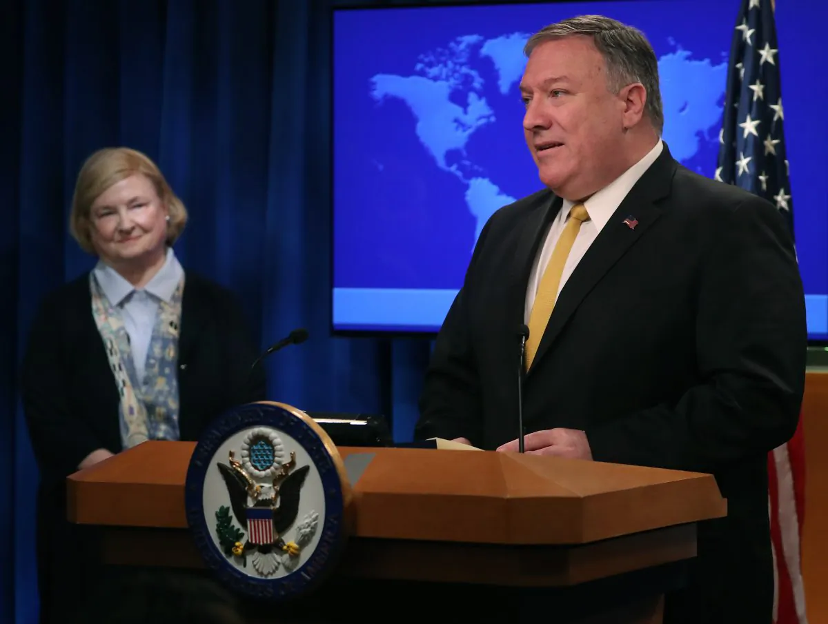 Secretary of State Mike Pompeo is joined by commission chair Harvard Professor Mary Ann Glendon while announcing the formation of a commission to redefine human rights, based on “natural law and natural rights”, during a news conference at the Department of State, on July 8, 2019 in Washington.
(Mark Wilson/Getty Images)