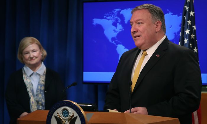 Secretary of State Mike Pompeo is joined by commission chair Harvard Professor Mary Ann Glendon while announcing the formation of a commission to redefine human rights, based on “natural law and natural rights”, during a news conference at the Department of State, on July 8, 2019 in Washington.
(Mark Wilson/Getty Images)