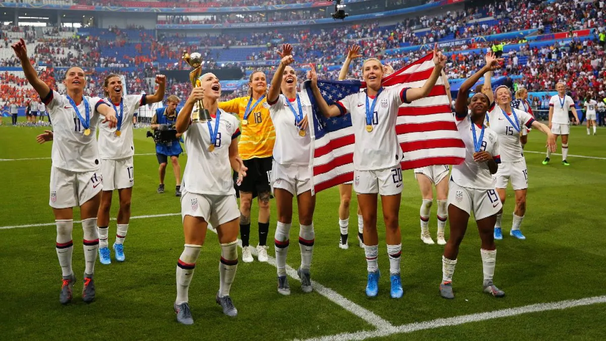 U.S. women's national soccer team players celebrate after winning the 2019 World Cup in Lyon, France, on July 7, 2019. (Maja Hitij/Getty Images)