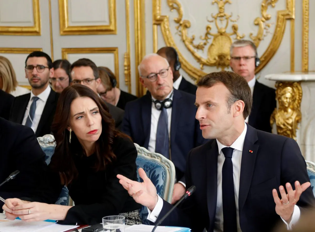 New Zealand Prime Minister Jacinda Ardern and French President Emmanuel at the launching ceremony for the Christchurch Call to Action, an initiative aimed at curbing extremism online, at the Elysee Palace in Paris on May 15, 2019. (AP Photo/Francois Mori)