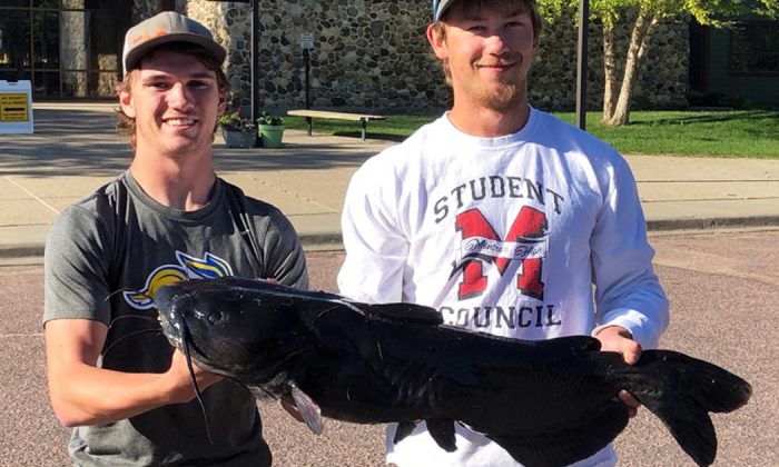 Fishing enthusiasts Cody Sechser (L) and Isaac Kipp caught this record-breaking catfish in Skunk Creek, South Dakota, on June 9, 2019. (South Dakota Game, Fish and Parks/Facebook)