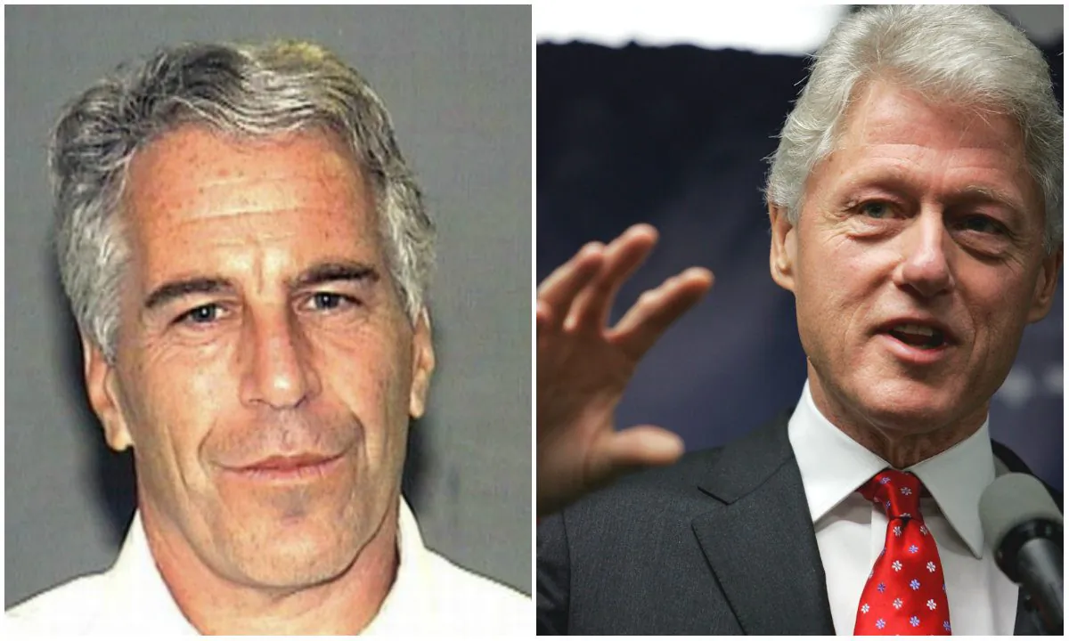 L: Billionaire Jeffrey Epstein in an undated image. (Public Domain) R: Former U.S. President Bill Clinton speaks at a news conference on April 11, 2005 in New York City. (Spencer Platt/Getty Images)