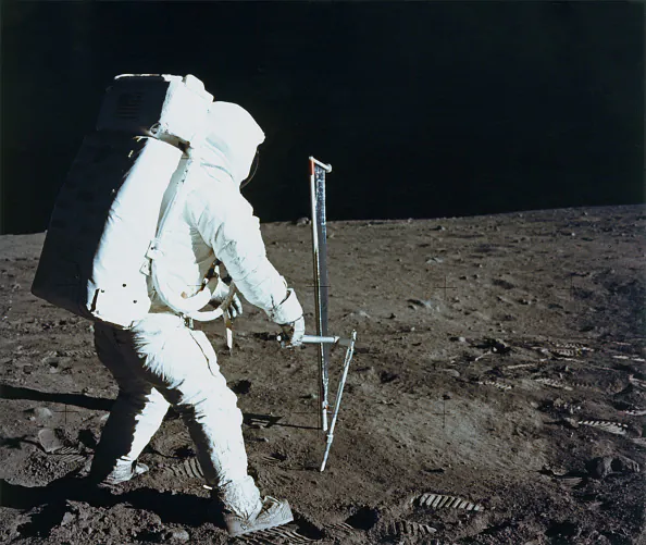 Lunar module pilot Buzz Aldrin deploys the Solar Wind Composition experiment, as part of the Apollo 11 lunar landing mission. (Space Frontiers/Getty Images)