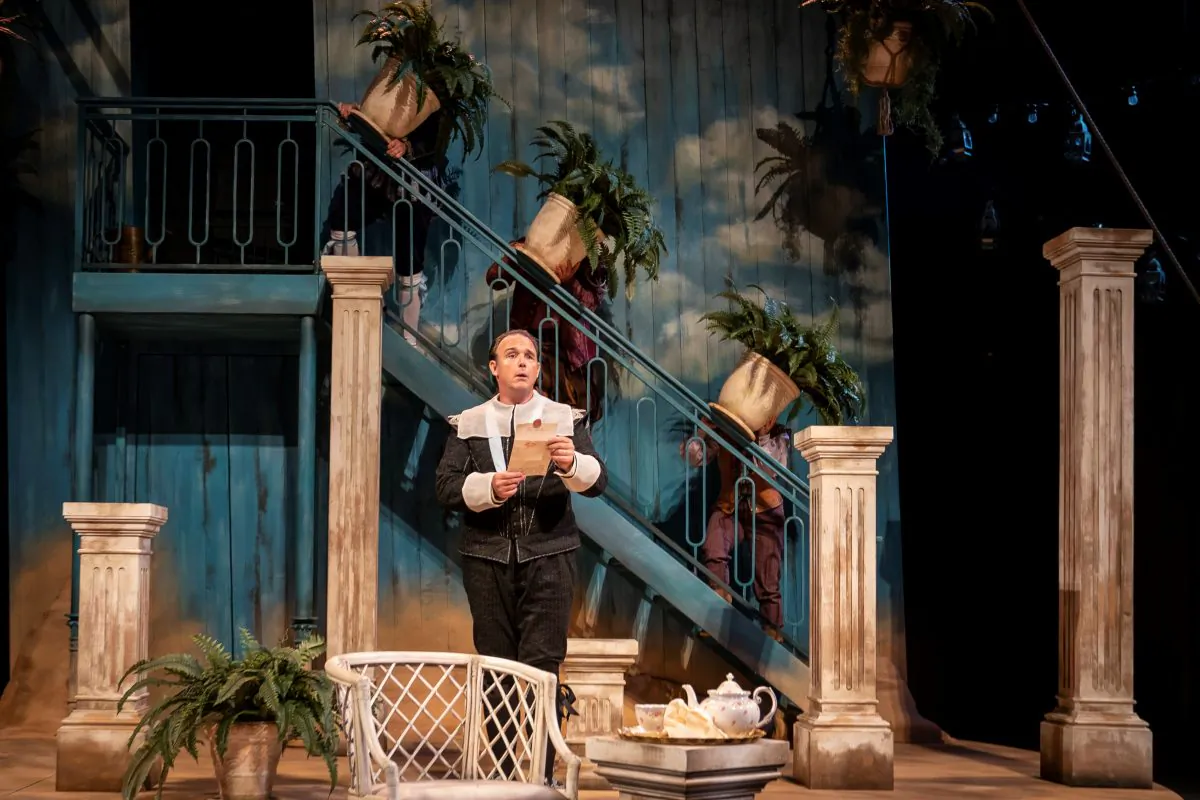 Mavolio (David Daniel) and three potted ferns: Ted Deasy, Triney Sandoval, and Phoebe González, in Twelfth Night.” (Liz Lauren)