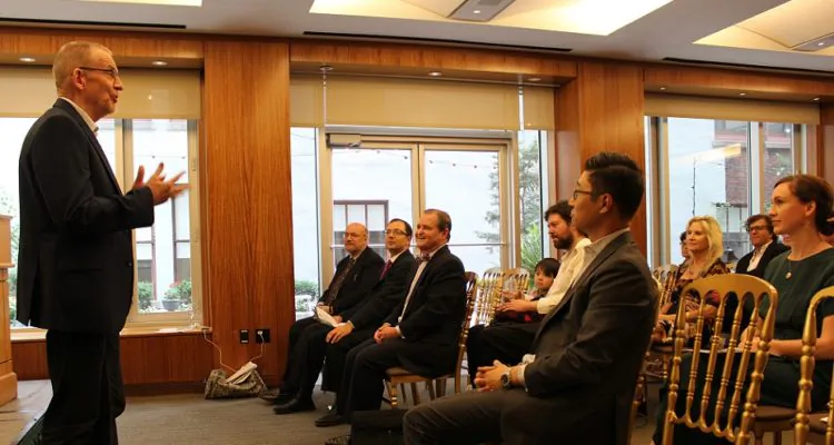 Poet James Sale speaks at the first symposium for the Society of Classical Poets. (Ivan Pentchoukov)