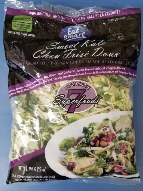 An Eat Smart brand kale salad bag is seen in this undated handout photo. Eat Smart brand kale salad bags are being recalled due to possible listeria contamination. The Canadian Food Inspection Agency says the 794-gram salad bags with best before dates of July 17 are being recalled in six provinces - Ontario, Quebec, New Brunswick, Newfoundland and Labrador, Nova Scotia, and Prince Edward Island. (HO, Canadian Food Inspection Agency/The Canadian Press)