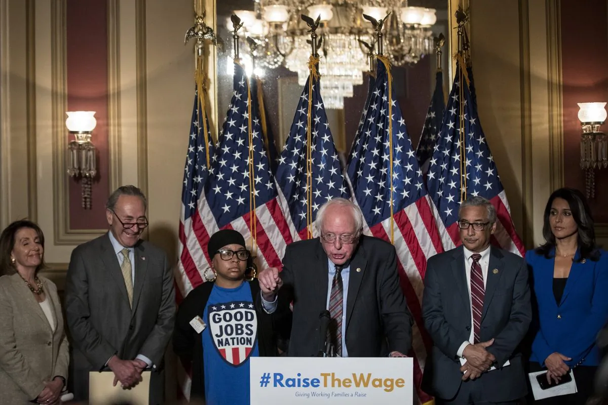 Sen. Bernie Sanders (I-Vt.) speaks during a press conference to discuss legislation for a 15 dollar minimum wage, on Capitol Hill, in Washington on May 25, 2017.  (Drew Angerer/Getty Images)
