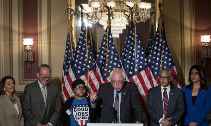 Sen. Bernie Sanders (I-Vt.) speaks during a press conference to discuss legislation for a 15 dollar minimum wage, on Capitol Hill, in Washington on May 25, 2017.  (Drew Angerer/Getty Images)