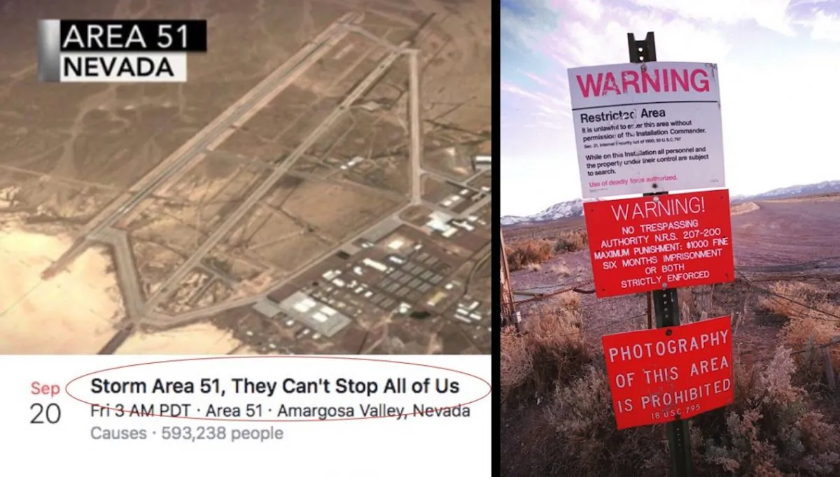 (L-R) A screenshot of the Facebook event calling for a raid on Area 51 and a photo taken on March 12, 2000, showing a warning sign marking the boundary of Area 51, in Rachel, Nevada. (Dan Callister/Getty Images)
