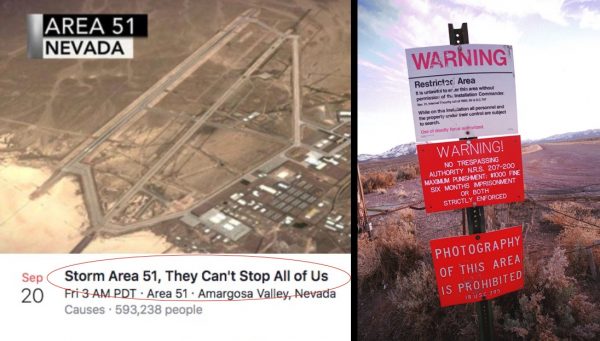 Facebook event page and area 51 warning sign