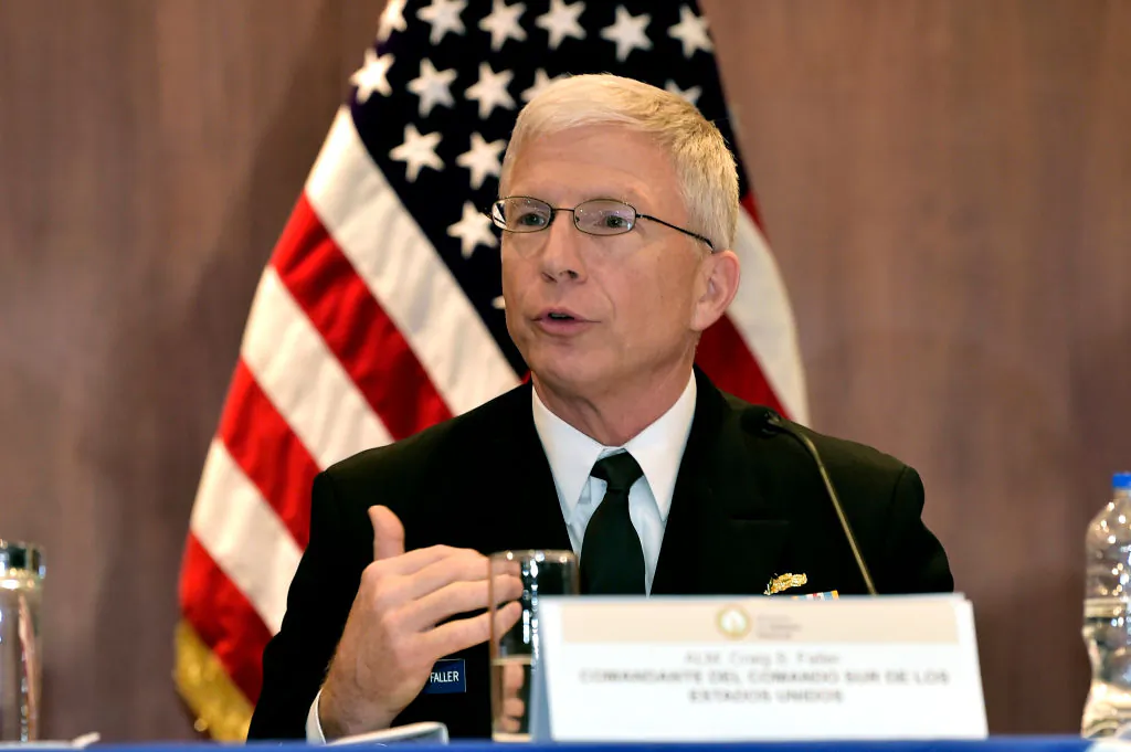 US Admiral of the Southern Command Craig Faller speaks during a press conference in Quito, Ecuador,  on April 25, 2019. (Rodrigo Buendia/AFP/Getty Images)