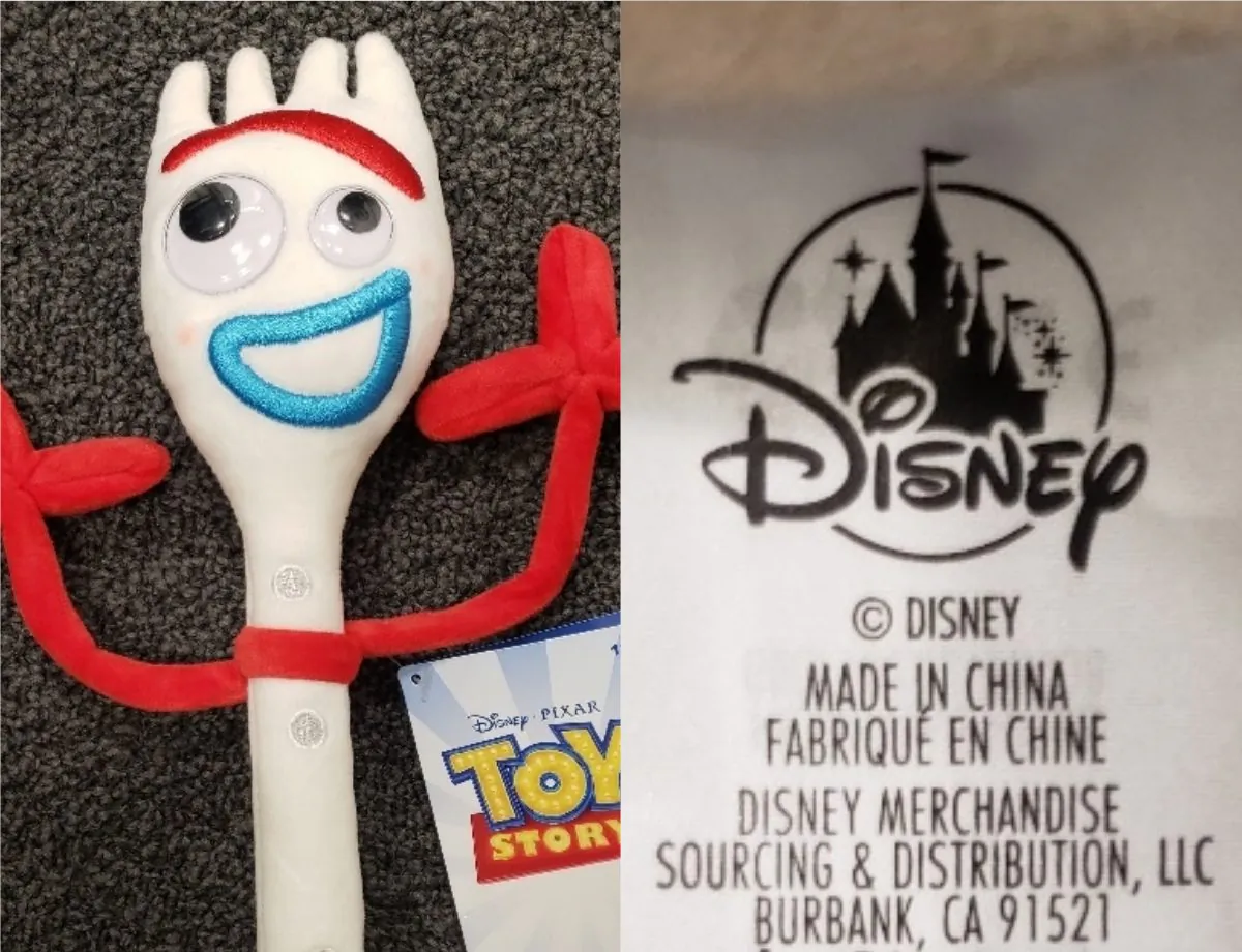 The 11-inch Disney Forky Plush (L) and its label. A recall was issued for the plush on June 9. (Health Canada)