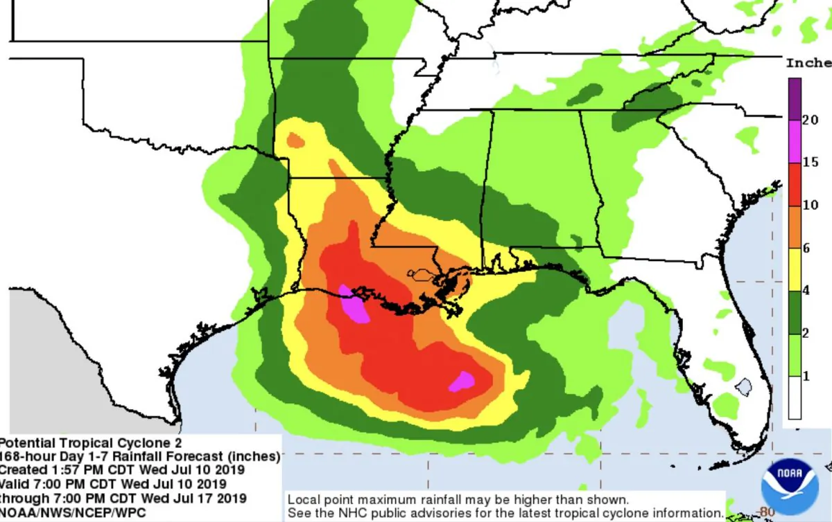 7 day rain forecast for potential hurricane forming in the Gulf of Mexico on July 10, 2019. (National Weather Service/NOAA)