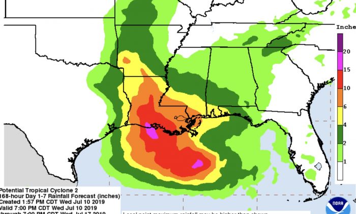7 day rain forecast for potential hurricane forming in the Gulf of Mexico on July 10, 2019. (National Weather Service/NOAA)