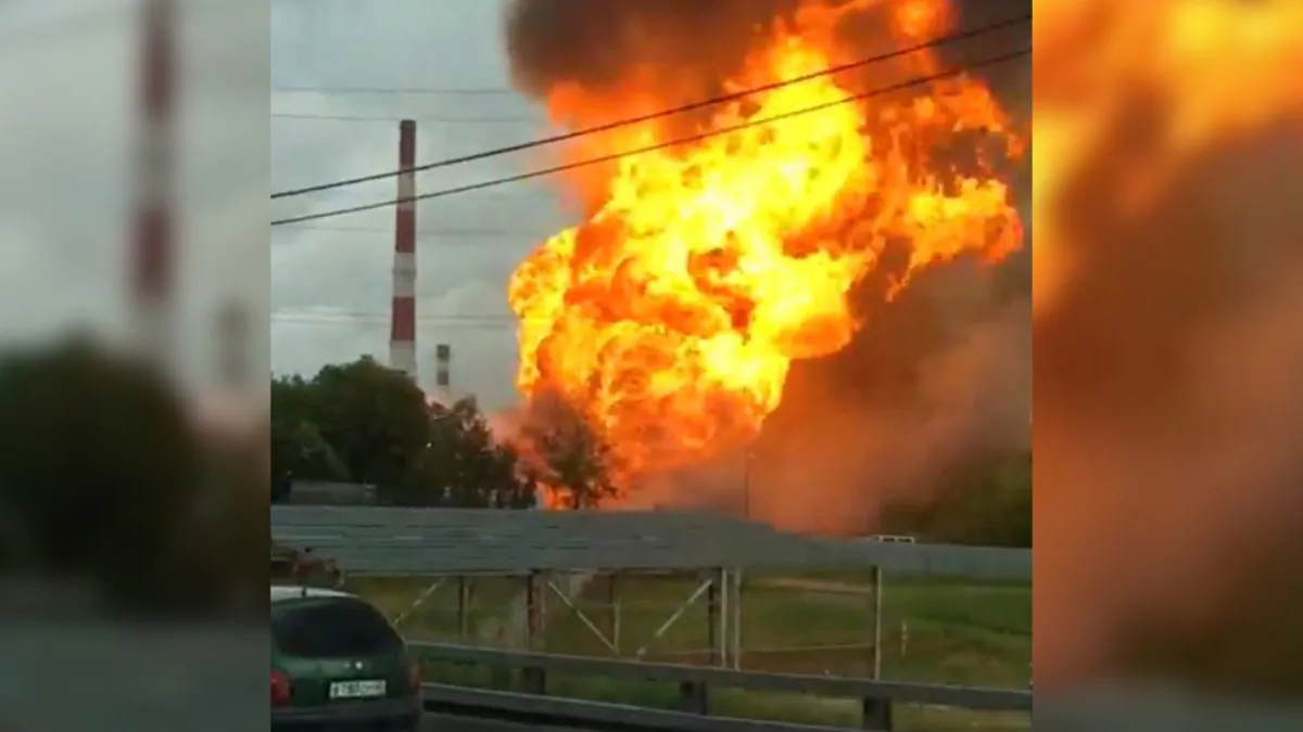 A still image taken from video footage shows the fire at an electricity generating power station in the Moscow region, Russia, on July 11, 2019. (Instagram/almazov88 via Reuters)