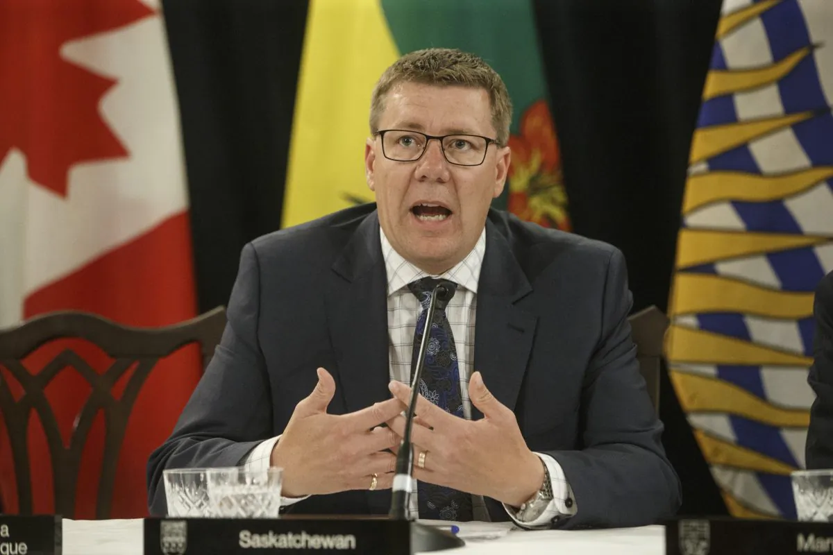 Saskatchewan Premier Scott Moe speaks to media during the Western Premiers' conference in Edmonton on June 27, 2019. On July 10, Moe offered to accept 2,000 evacuees from Ontario as that province battles forest fires. (Jason Franson/The Canadian Press)