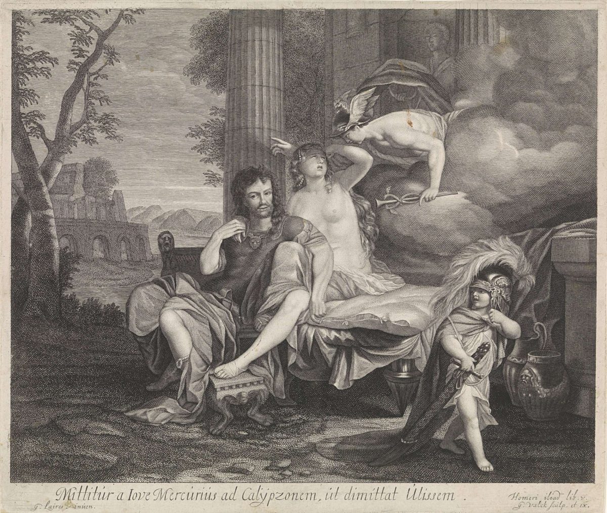 An engraving  by Gerard de Lairesse in which Hermes appears and demands that the goddess Calypso lets Odyesseus go. (Public Domain)