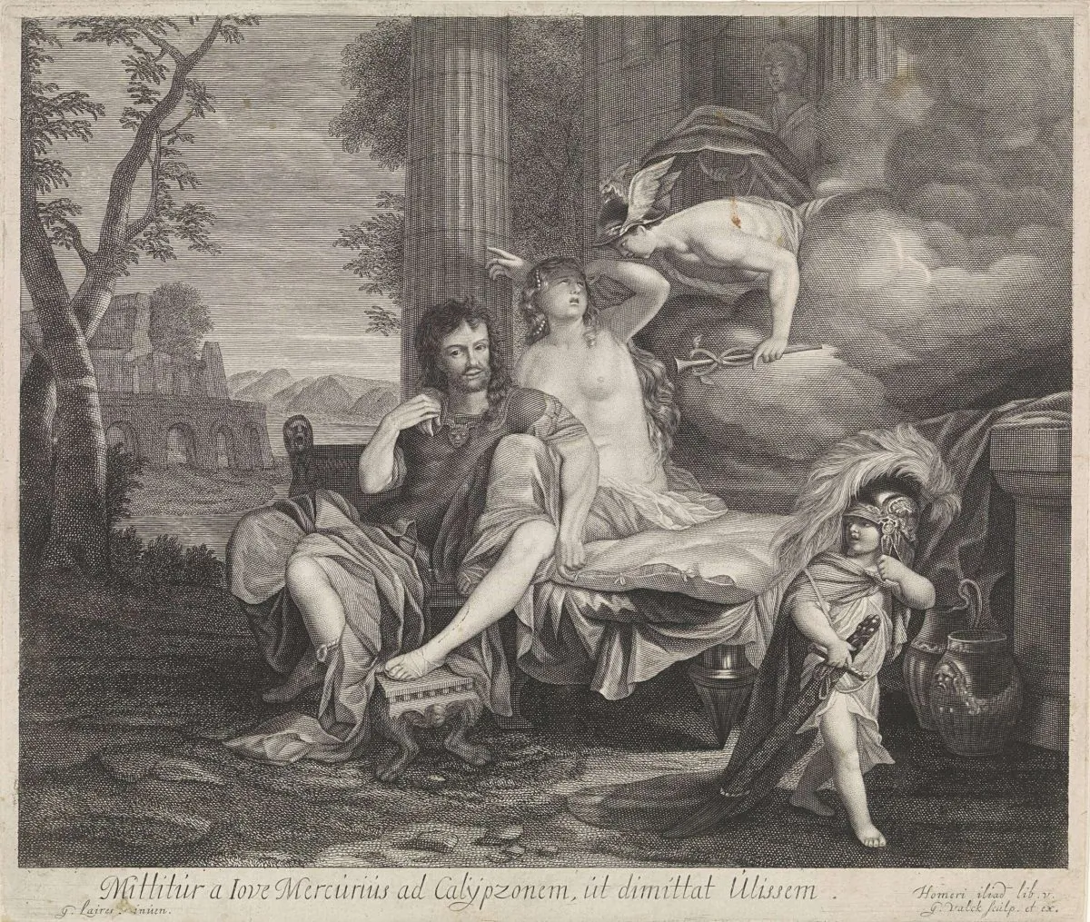 An engraving by Gerard de Lairesse in which Hermes appears and demands that the goddess Calypso lets Odyesseus go. (Public Domain)