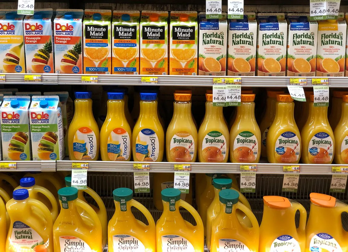 Containers of orange juice are displayed on a shelf at a grocery store in San Rafael, Calif., on Oct. 29, 2018. (Justin Sullivan/Getty Images)