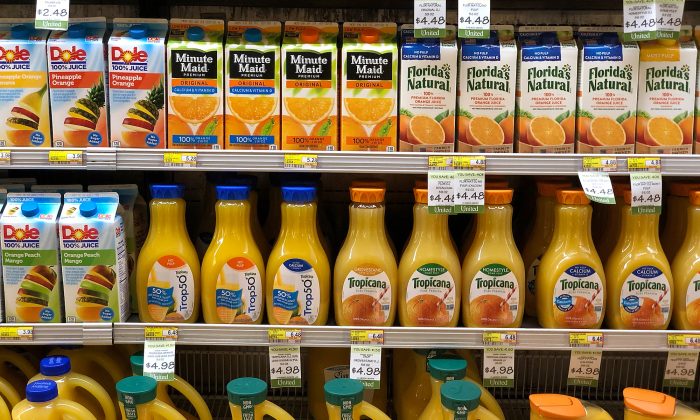 Containers of orange juice are displayed on a shelf at a grocery store in San Rafael, Calif., on Oct. 29, 2018. (Justin Sullivan/Getty Images)