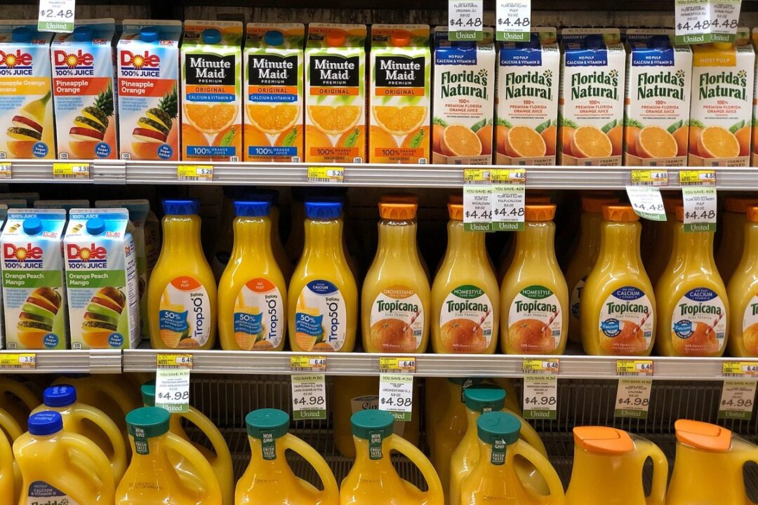 Containers of orange juice are displayed on a shelf at a grocery store in San Rafael, Calif., on Oct. 29, 2018. (Justin Sullivan/Getty Images)