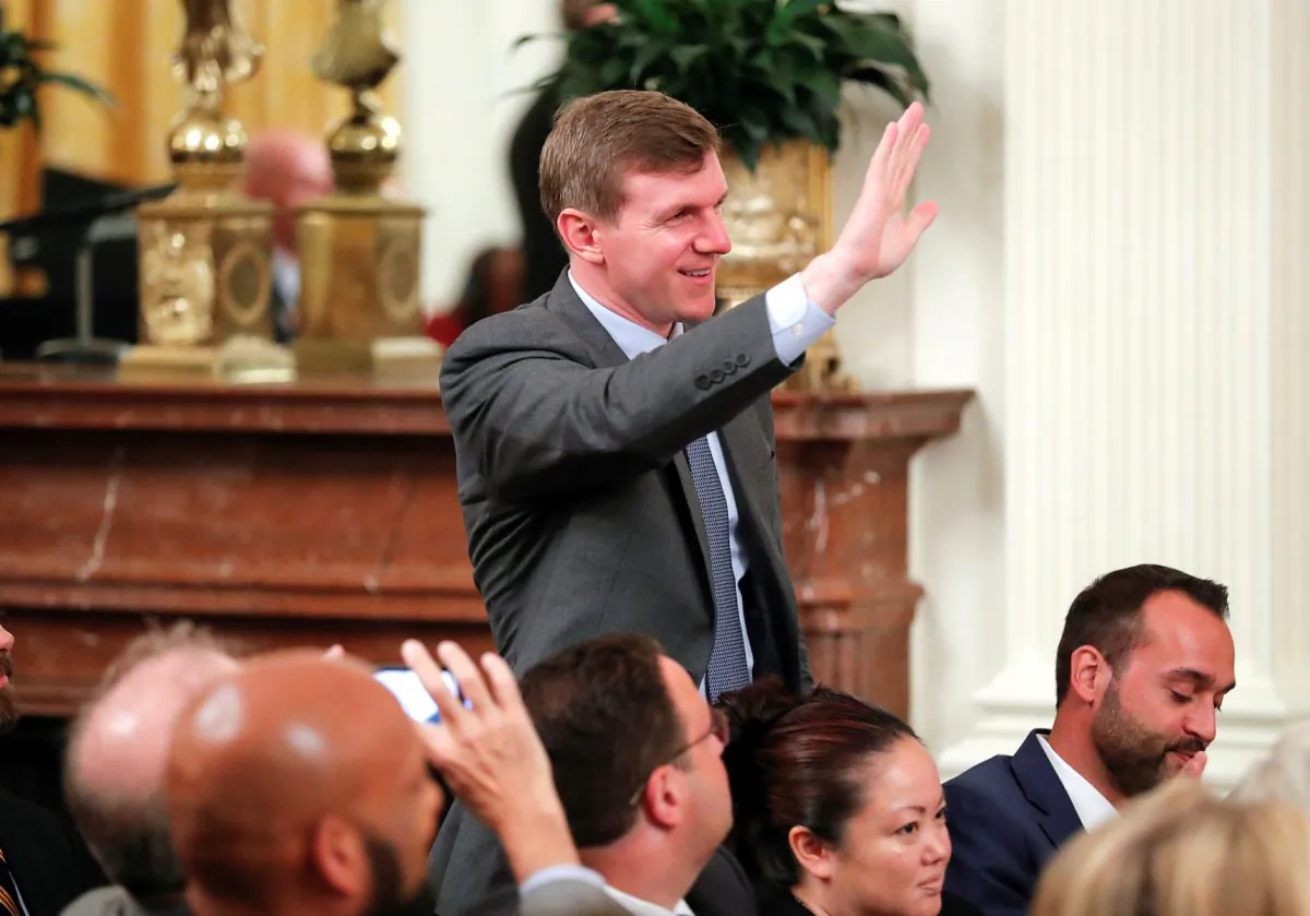 Project Veritas founder and CEO James O'Keefe waves as President Donald Trump speaks during a social media summit meeting in the East Room of the White House in Washington, on July 11, 2019. (Carlos Barria/Reuters)