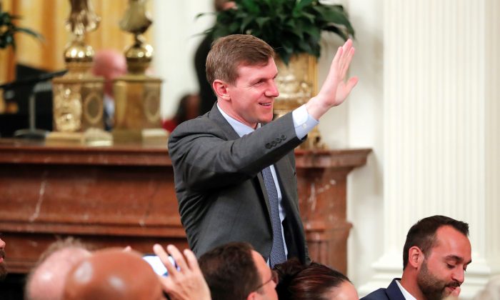 Project Veritas founder and CEO James O'Keefe waves as President Donald Trump speaks during a social media summit meeting in the East Room of the White House in Washington, on July 11, 2019. (Carlos Barria/Reuters)