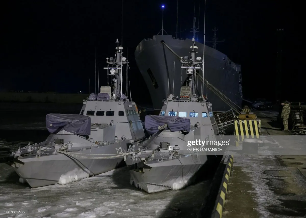Two Ukrainian gunboats, similar to those seized by Russia on Nov. 25, 2018, are seen in the Azov Sea port of Mariupol, on December 2, 2018. (GLEB GARANICH/AFP/Getty Images)