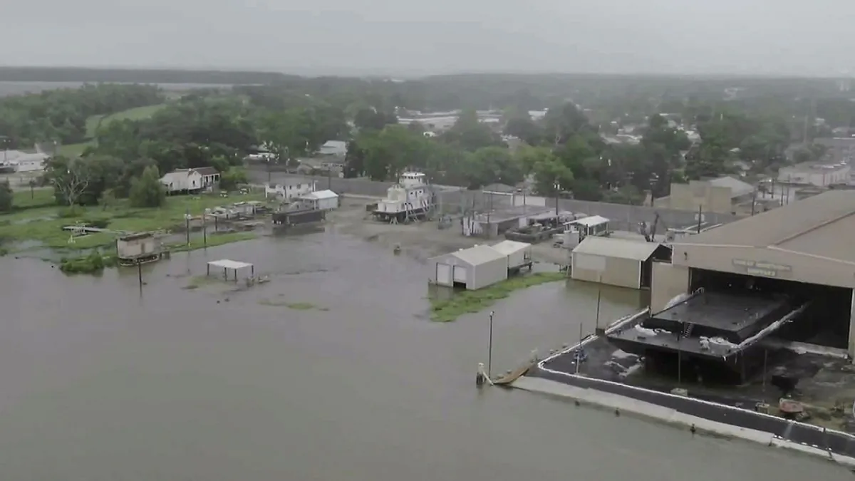 Early signs of flooding from Barry are seen Friday via drone in Morgan City, Louisiana, on July 13,2019. (CNN)