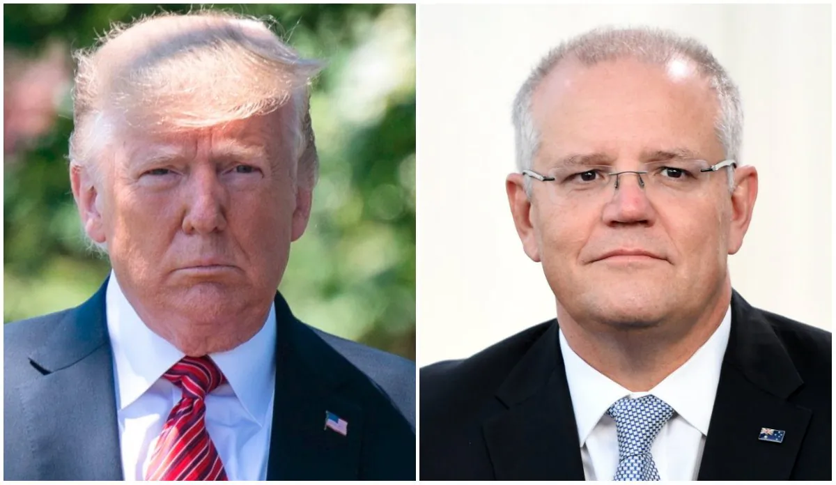 L: President Donald Trump walks out of the Oval Office to speak with reporters at the White House on June 11, 2019. (Jim Watson/AFP/Getty Images) R: Prime Minister Scott Morrison during a television interview in front of Parliament House in Canberra, Australia, on April 3, 2019. (Tracey Nearmy/Getty Images)