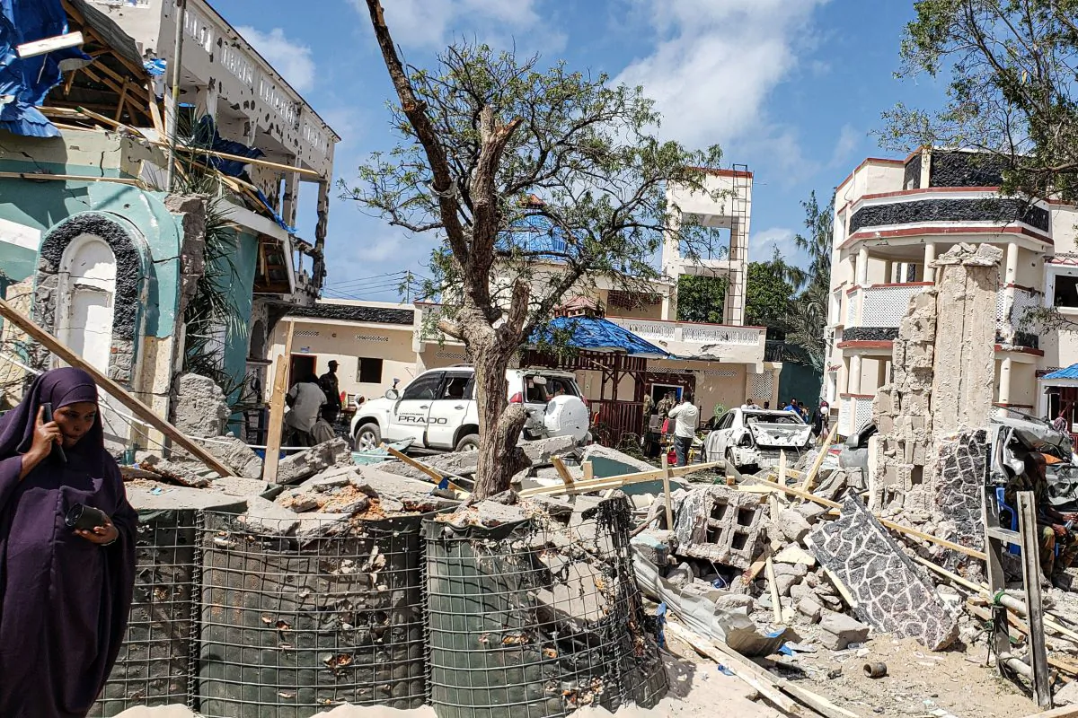 A view taken on July 13, 2019 shows the rubbles of the popular Medina hotel of Kismayo, a day after at least 26 people, including several foreigners, were killed and 56 injured in a suicide bomb and gun attack claimed by Al-Shabaab terrorist group. (Stringer/AFP/Getty Images)