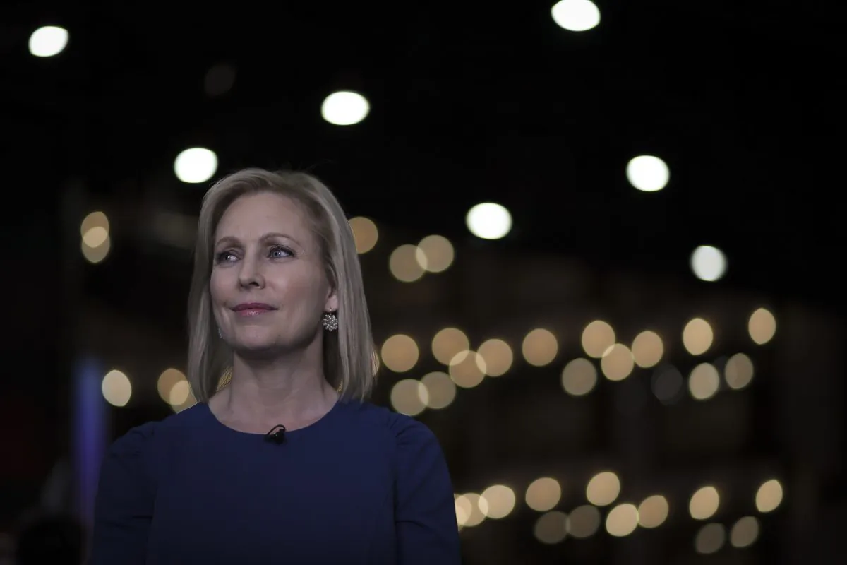 Democratic presidential candidate Sen. Kirsten Gillibrand (D-N.Y.) does a television interview in the spin room after the second night of the first Democratic presidential debate in Miami, Fla., on June 27, 2019.  Drew Angerer/Getty Images